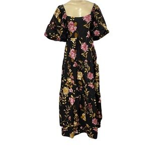 NWT Kings Road black floral puffy sleeve long pleated dress off the shoulder XL